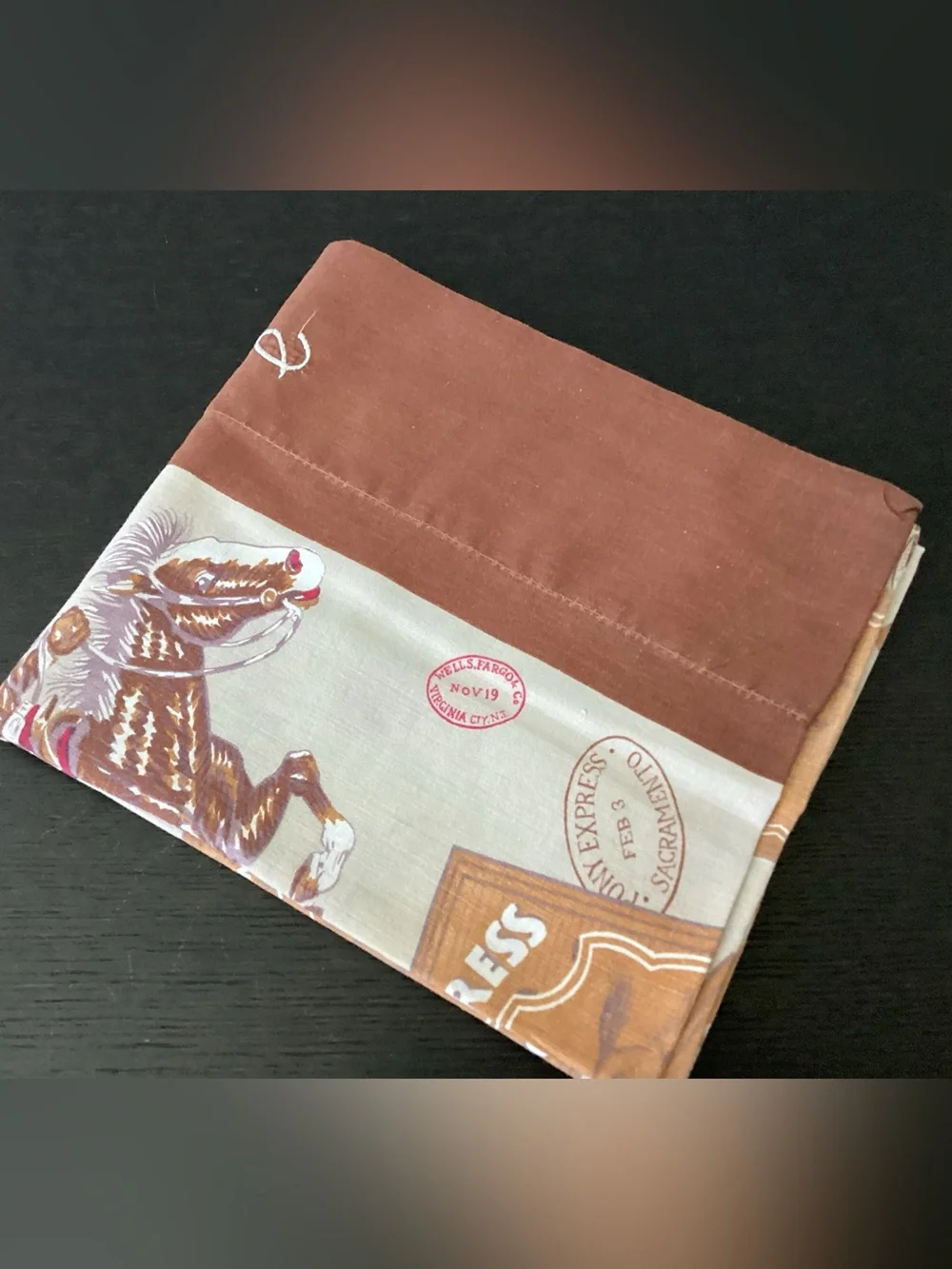 Vtg. 1960 Textile, Western Rodeo, historic Pony express pillowcase.